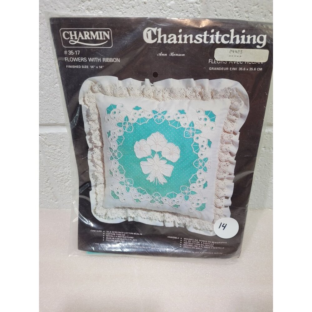 New Flowers with Ribbon Chainstitching Pillow Kit NOS Charmin #3517 14"x14"